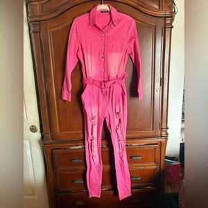 Fashion Nova Vibrant Pink Distressed Jumpsuit